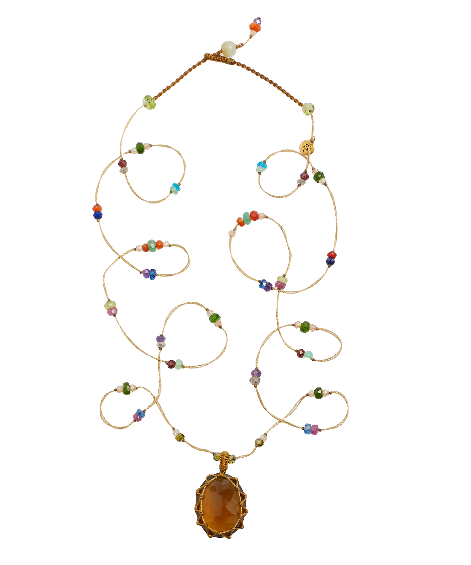 Tibetan Long Necklace - Honey Quartz - Mix Multi Stones - Beige Thread