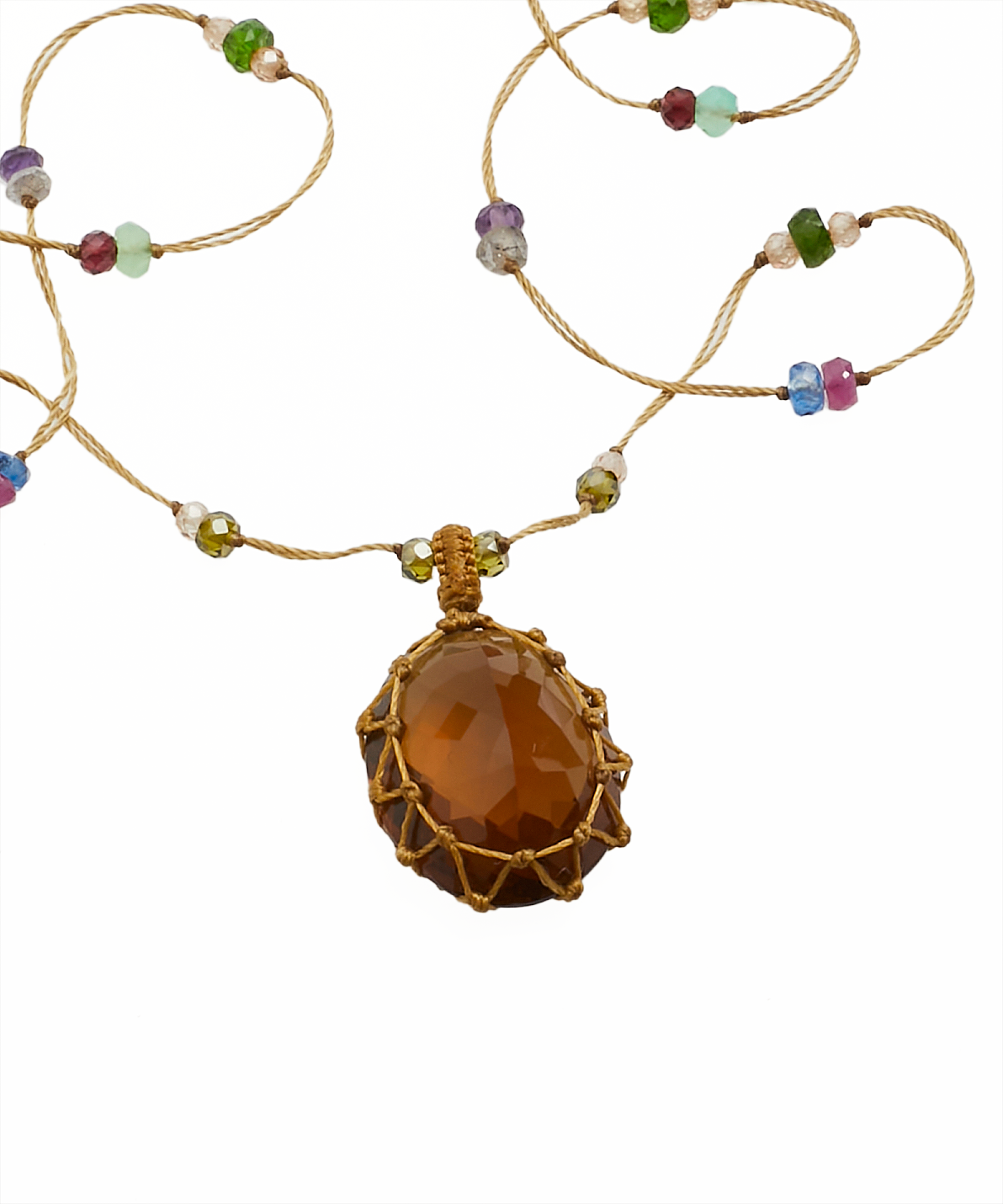 Tibetan Long Necklace - Honey Quartz - Mix Multi Stones - Beige Thread