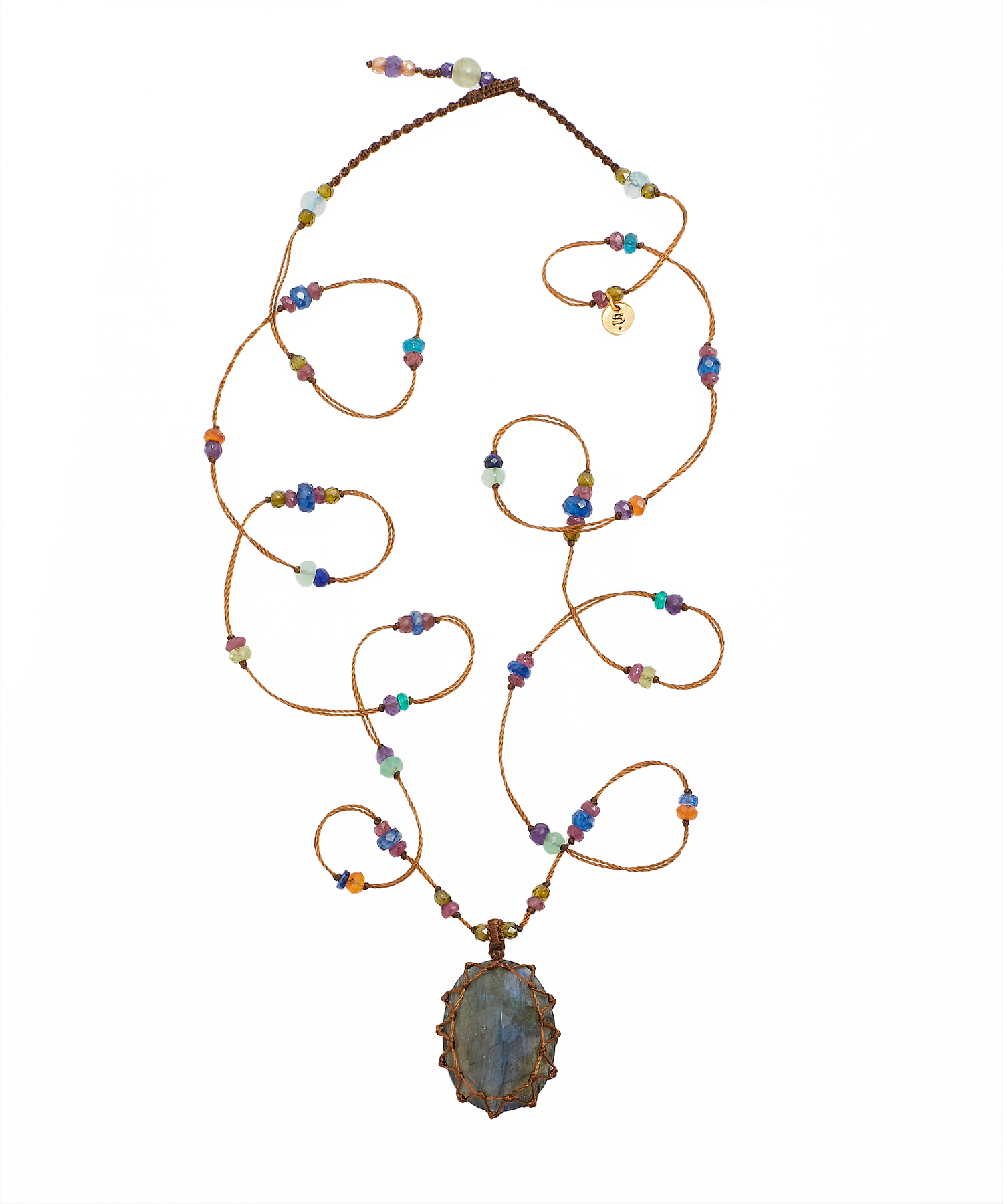 Tibetan Long Necklace - Blue Fire Labradorite - Mix Multi Stones - Tobacco Thread