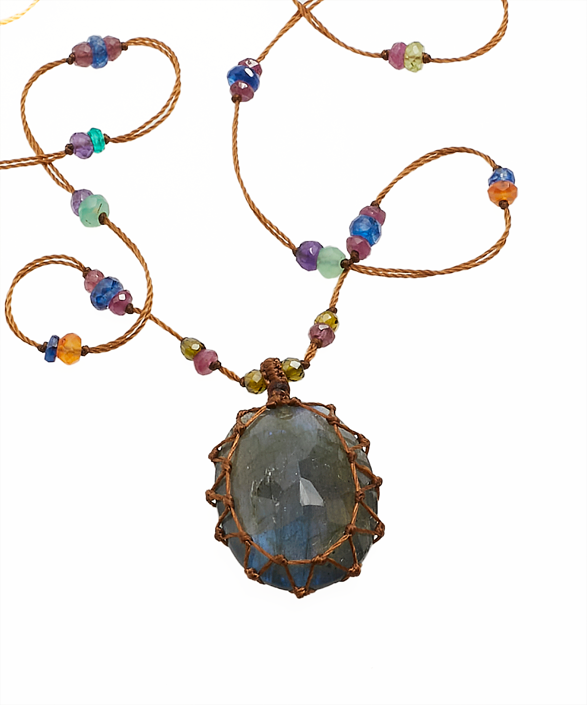 Tibetan Long Necklace - Blue Fire Labradorite - Mix Multi Stones - Tobacco Thread