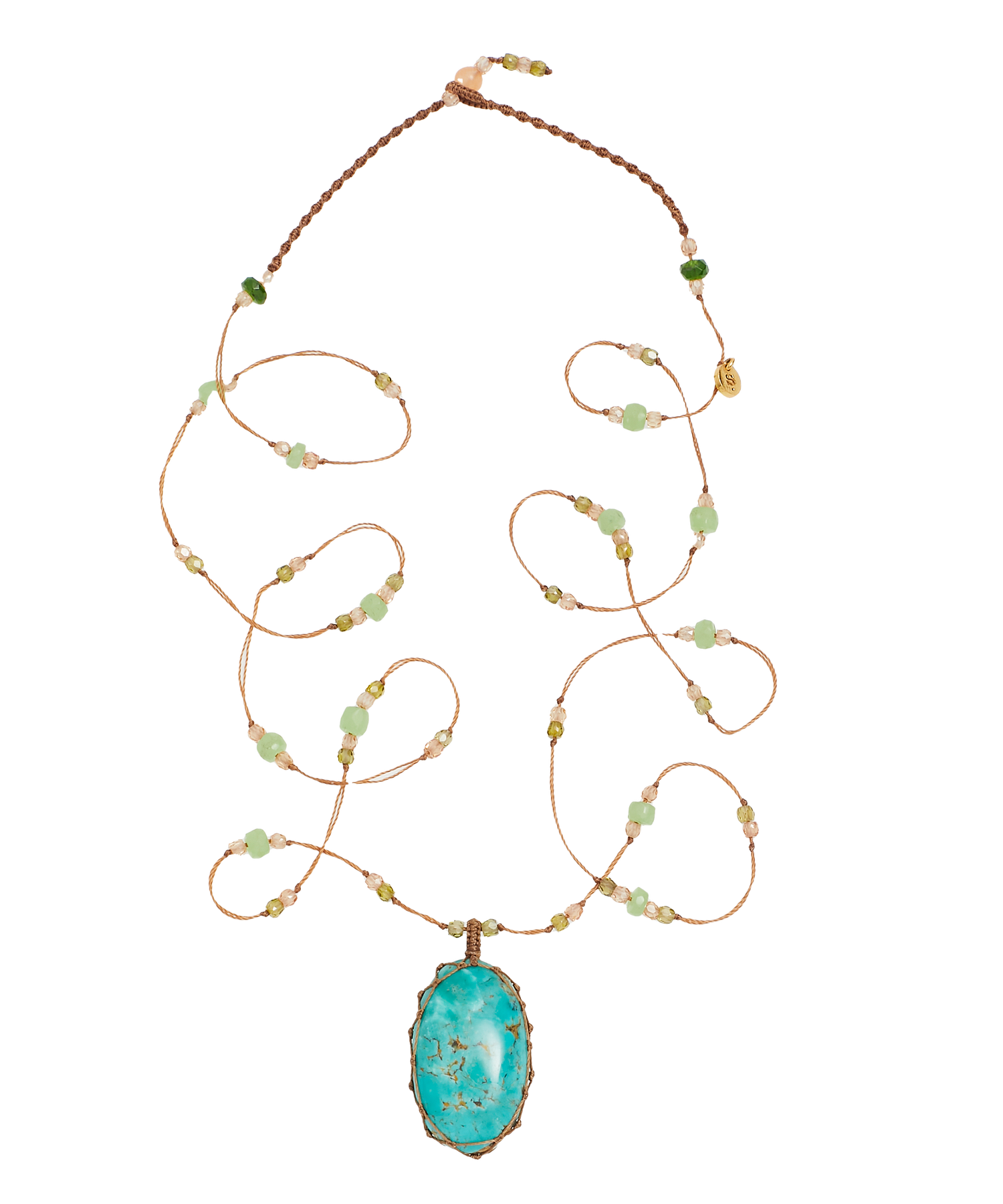 Tibetan Long Necklace - Turquoise - Chrysoprase Mix - Beige Thread