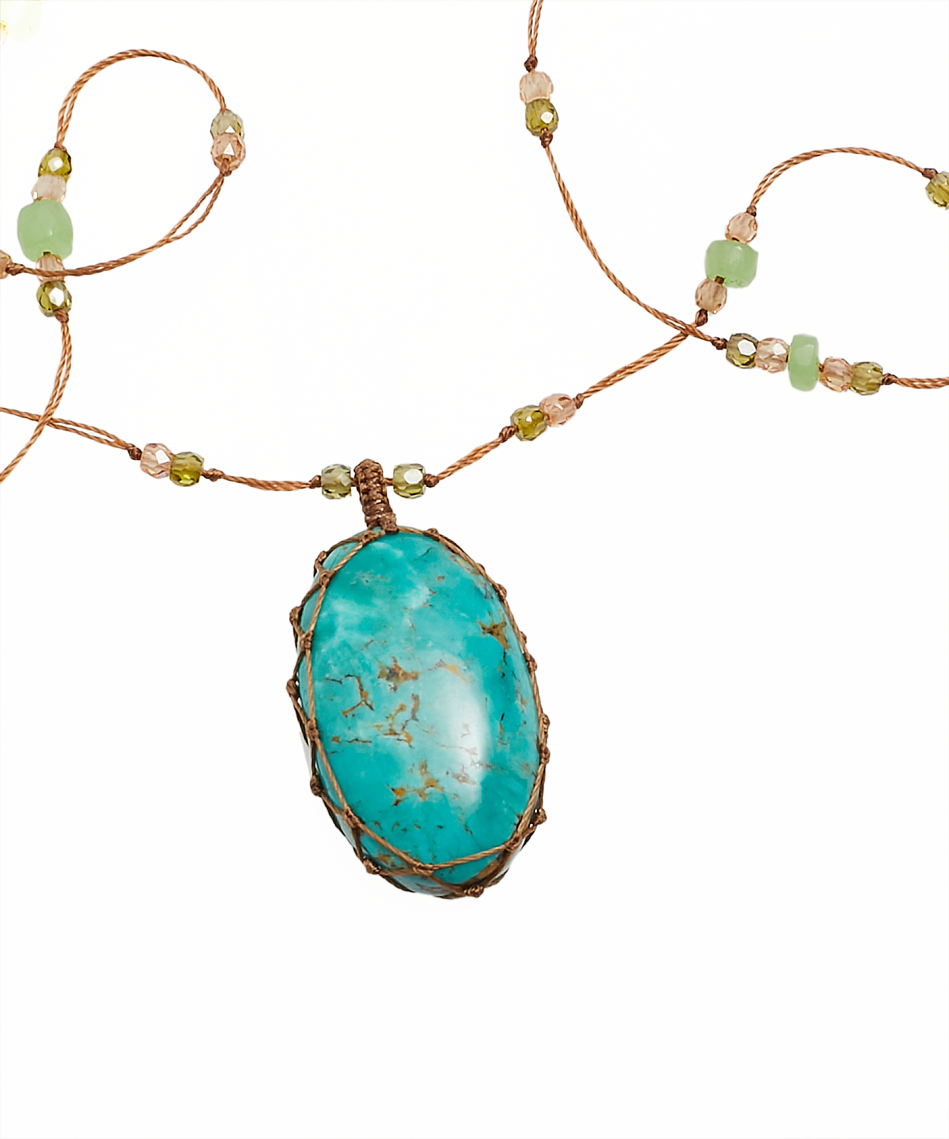 Tibetan Long Necklace - Turquoise - Chrysoprase Mix - Beige Thread