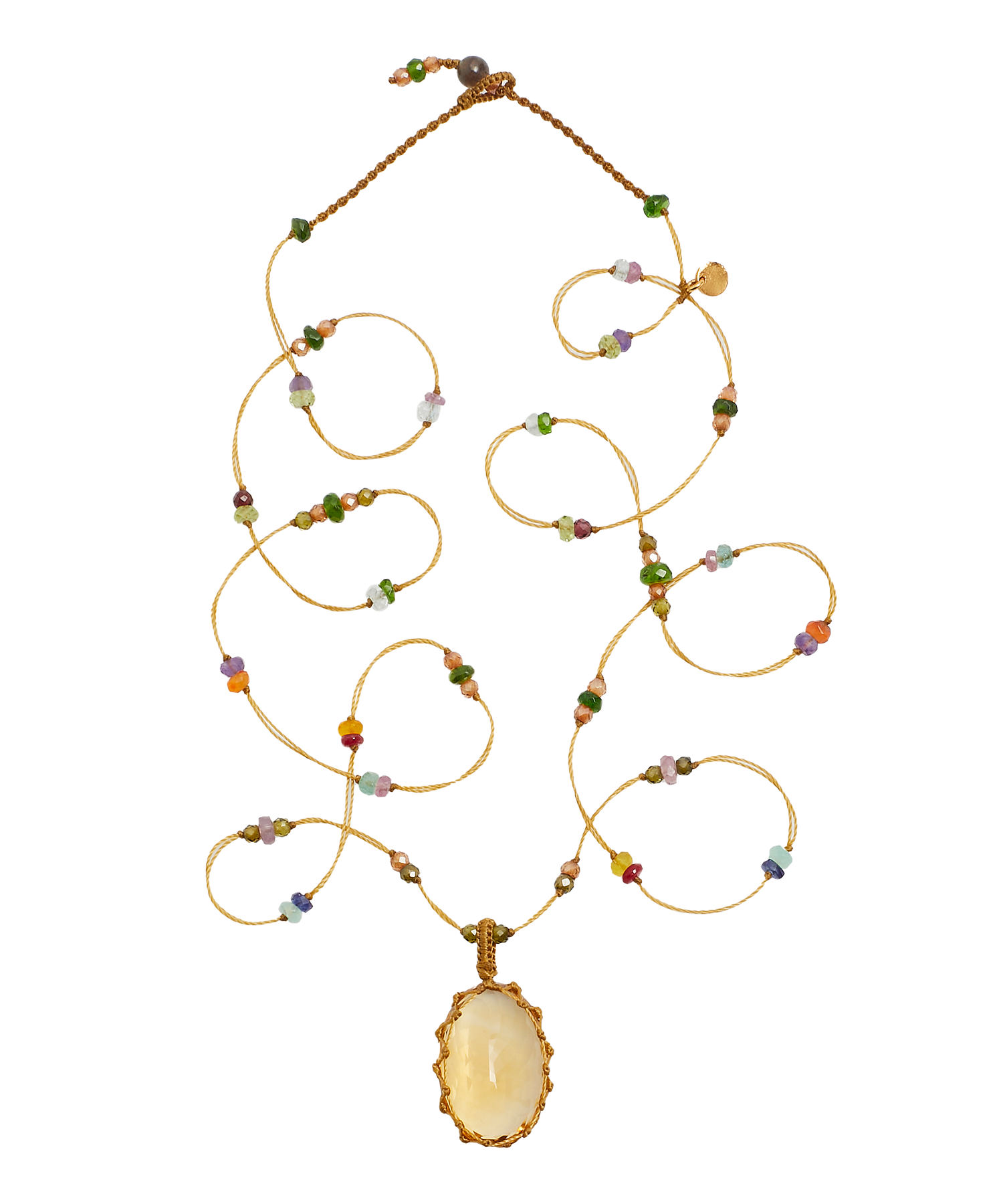 Tibetan Long Necklace - Citrine - Multi Stones - Tobacco Thread