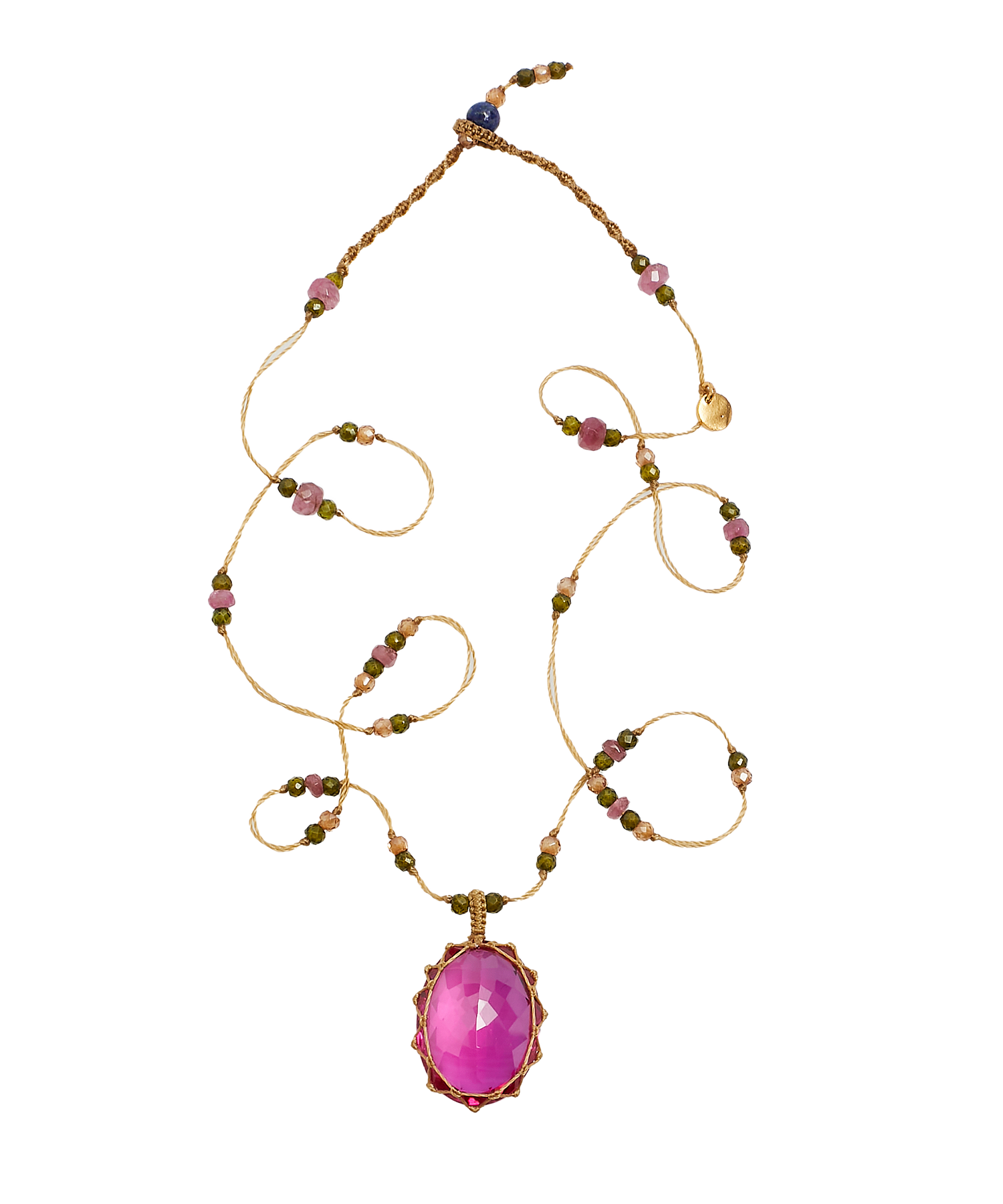 Tibetan Short Necklace - Indian Glass Rose - Mix Pink Tourmaline - Beige Thread