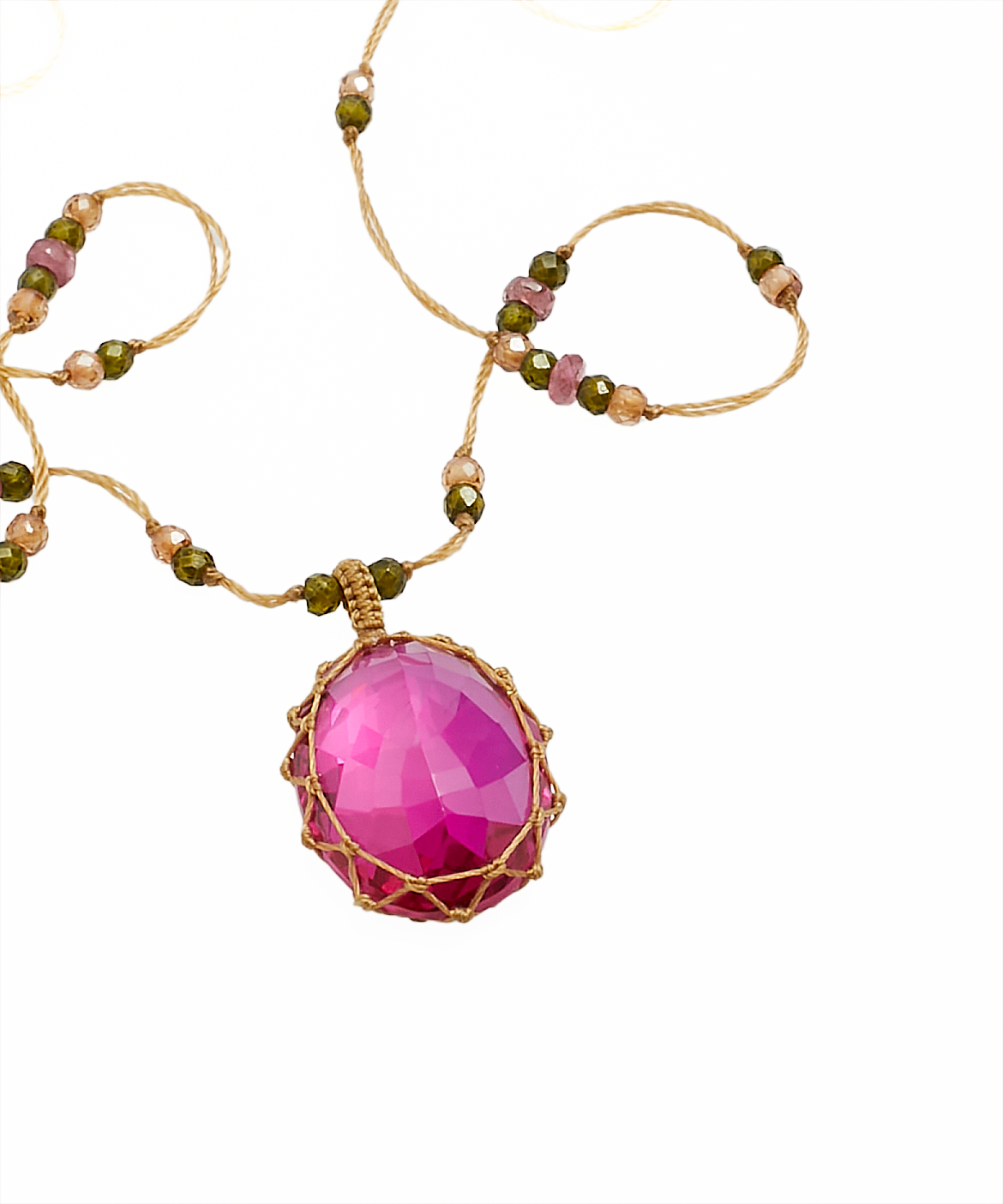 Collier Court Tibétain - Indian Glass Rose - Mix Tourmaline Rose - Fil Beige