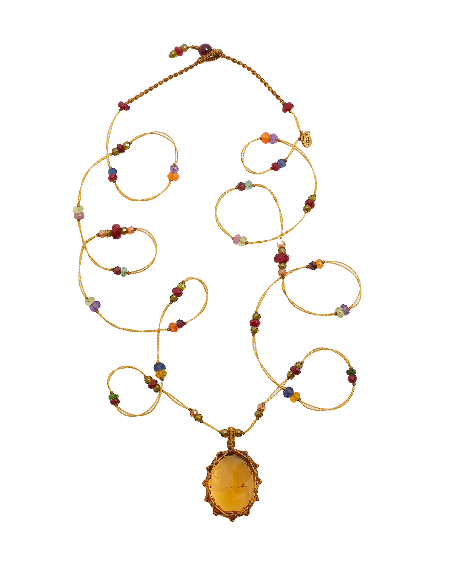 Tibetan Short Necklace - Honey Quartz - Carnelian Mix - Beige Thread