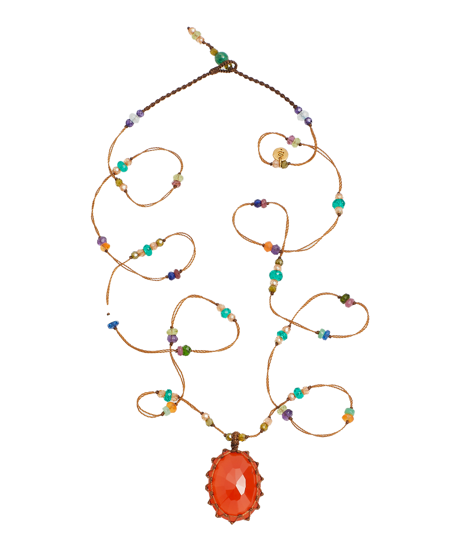 Short Tibetan Necklace - Orange Onyx - Mix Pink Tourmaline - Tobacco Thread