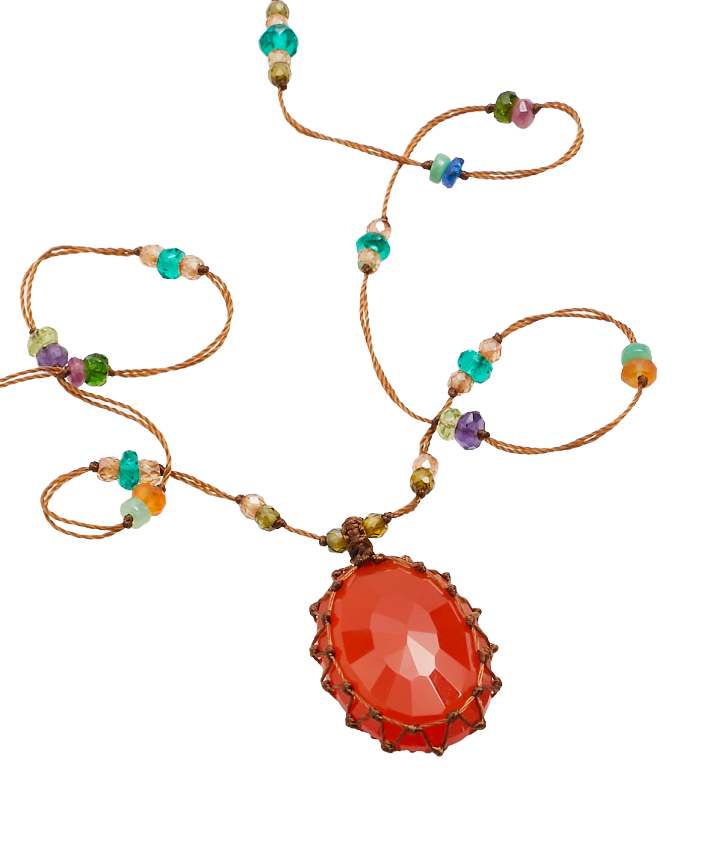 Short Tibetan Necklace - Orange Onyx - Mix Pink Tourmaline - Tobacco Thread