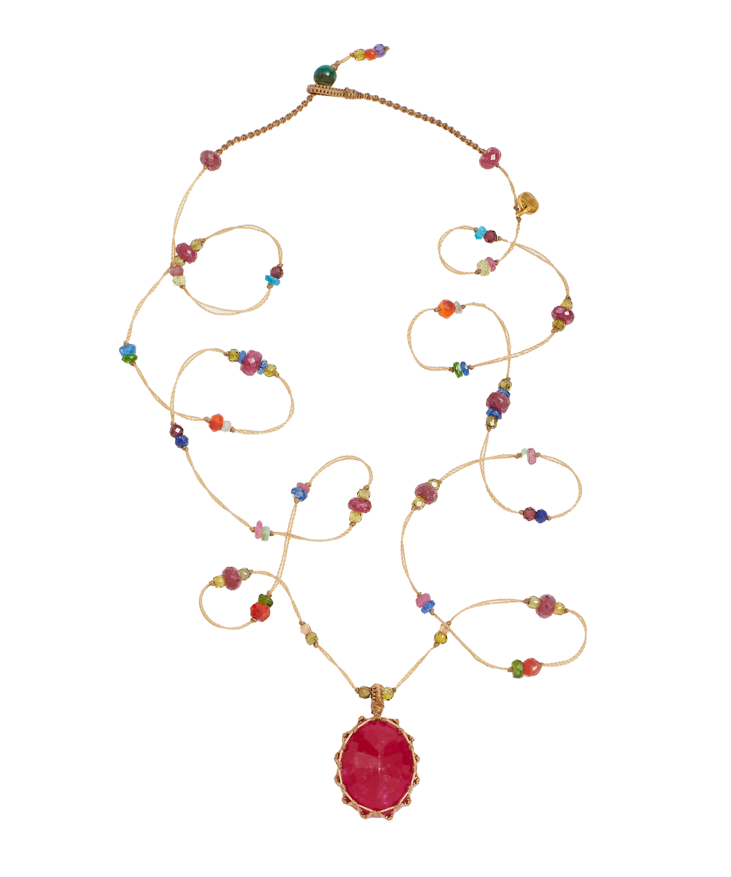 Tibetan Long Necklace - Rubellite - Ruby Mix - Beige Thread