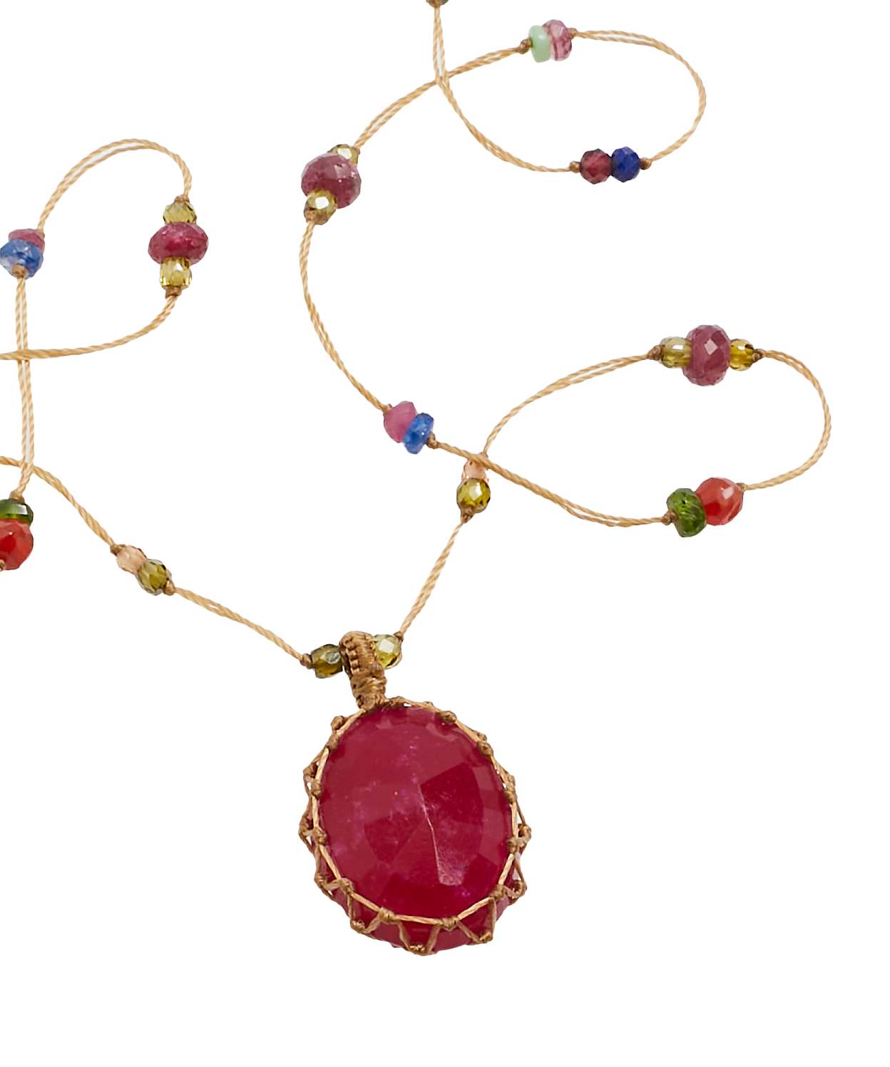 Tibetan Long Necklace - Rubellite - Ruby Mix - Beige Thread