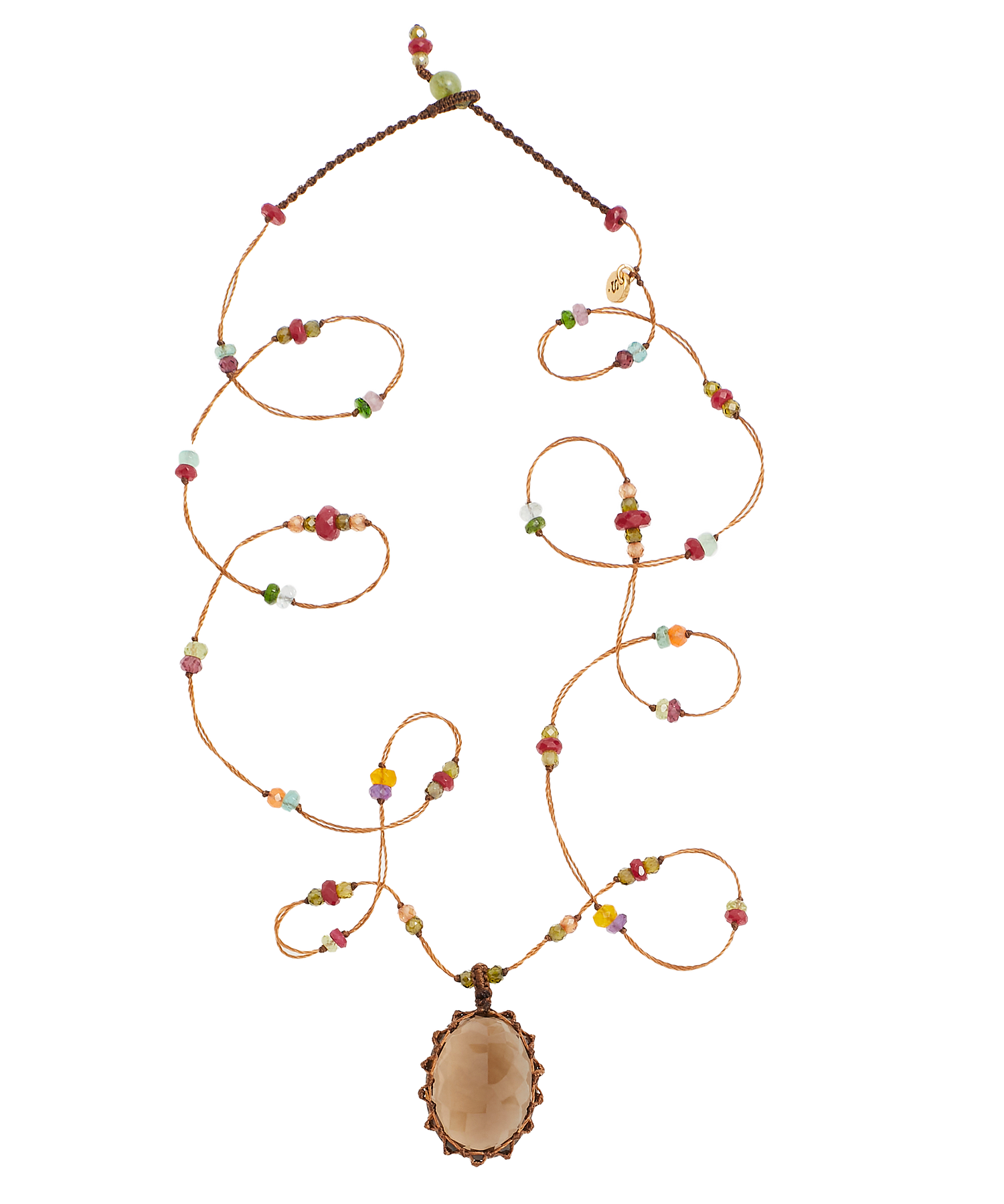 Tibetan Long Necklace - Smoky Quartz - Mix Multi Stones - Tobacco Thread