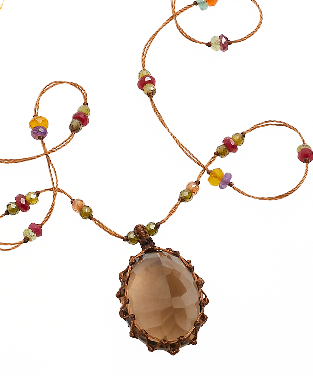 Tibetan Long Necklace - Smoky Quartz - Mix Multi Stones - Tobacco Thread