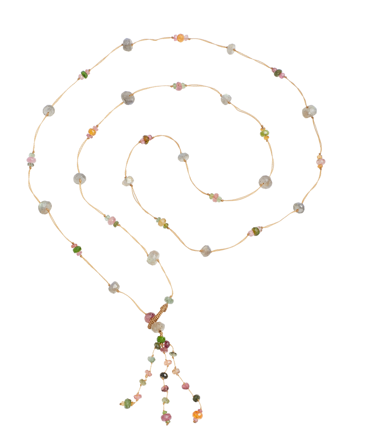 Collana lunga con labradorite sacra e tormaline - filo beige