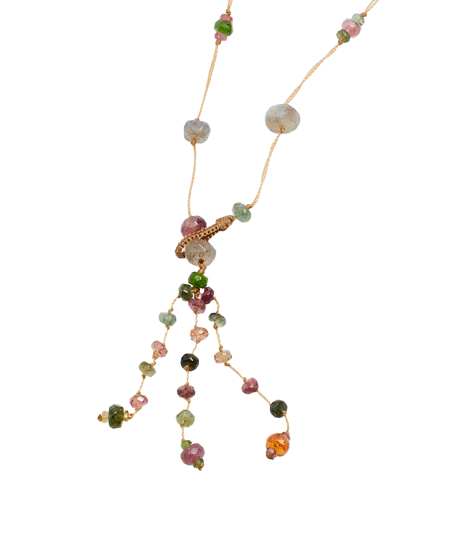 Holy Labradorite &amp; Tourmalines Long Necklace - Beige Thread