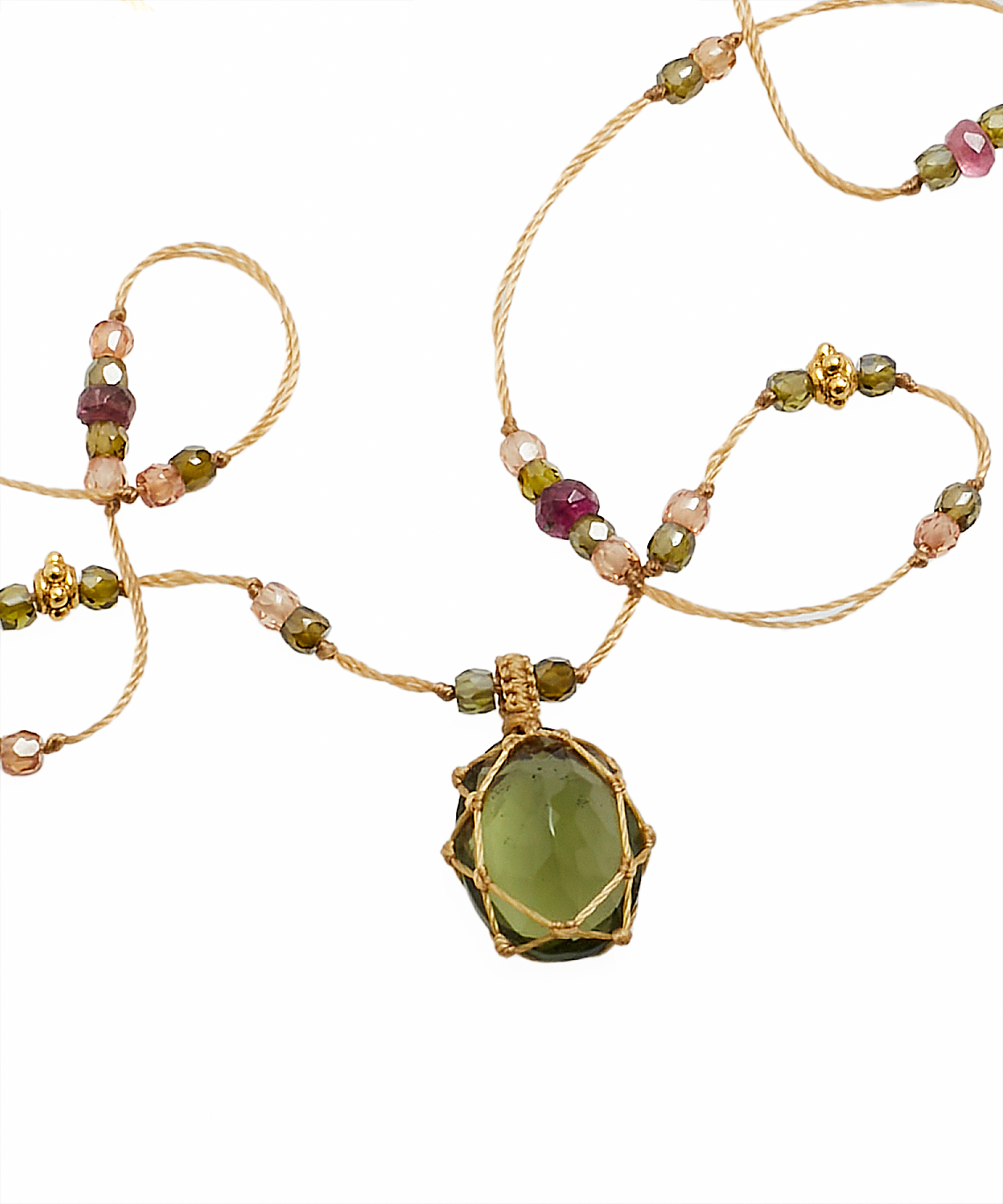 So Precious Collier Court Tibétain - Moldavite - Mix Tourmaline Rose - Fil Beige