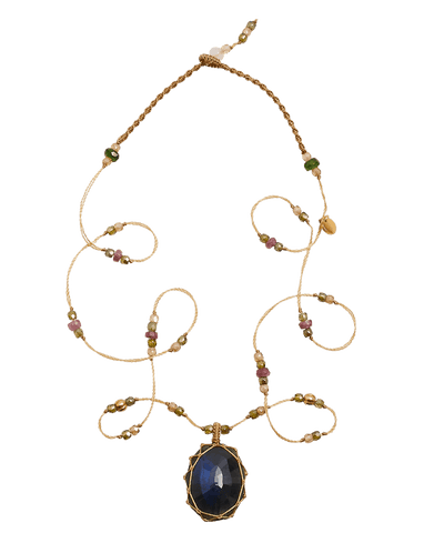 So Precious Collier Court Tibétain - Labradorite Feu Bleue - Mix Tourmaline Rose - Fil Beige