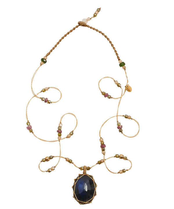 So Precious Collier Court Tibétain - Labradorite Feu Bleue - Mix Tourmaline Rose - Fil Beige
