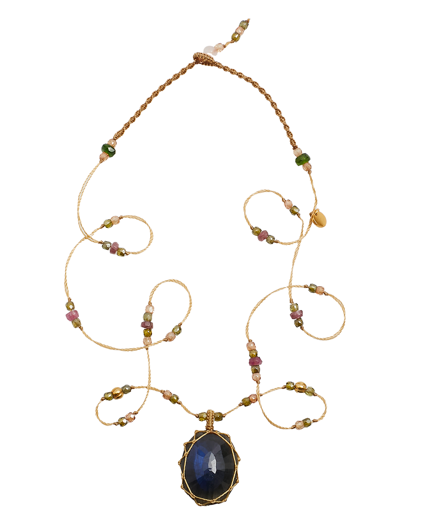 So Precious Collier Court Tibétain - Labradorite Feu Bleue - Mix Tourmaline Rose - Fil Beige