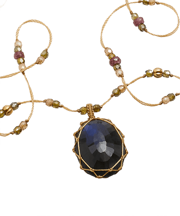 So Precious Collier Court Tibétain - Labradorite Feu Bleue - Mix Tourmaline Rose - Fil Beige