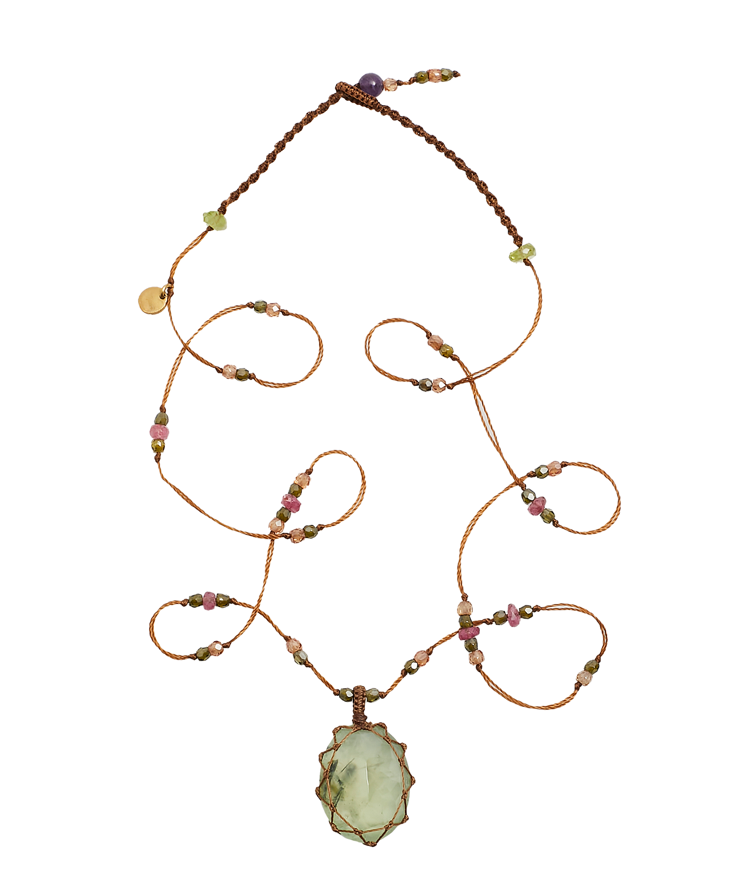 Collier Court Tibétain - Prehnite Rutile  - Mix Tourmaline - Fil Beige