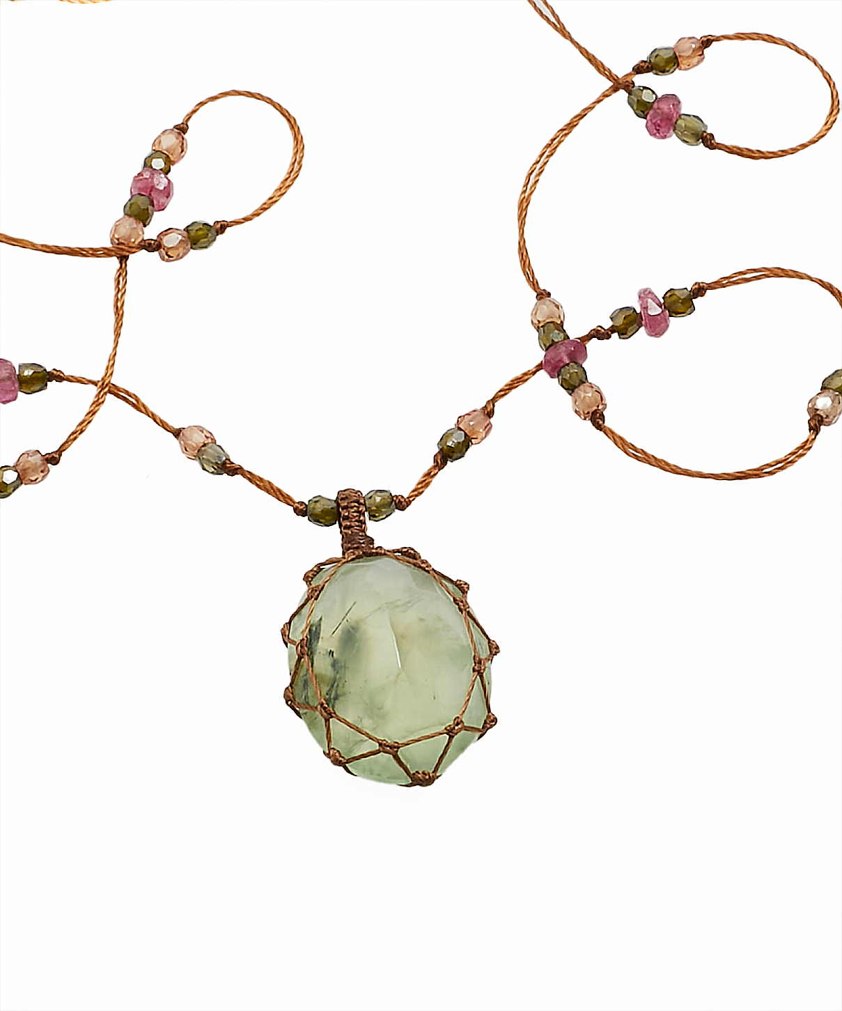 Collier Court Tibétain - Prehnite Rutile  - Mix Tourmaline - Fil Beige