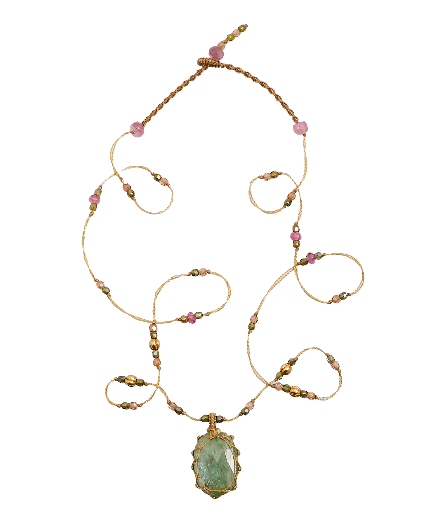 So Precious Collier Court Tibétain - Kyanite Mint - Mix Tourmaline Rose - Fil Beige