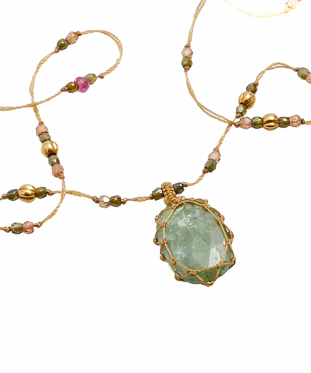 So Precious Collier Court Tibétain - Kyanite Mint - Mix Tourmaline Rose - Fil Beige