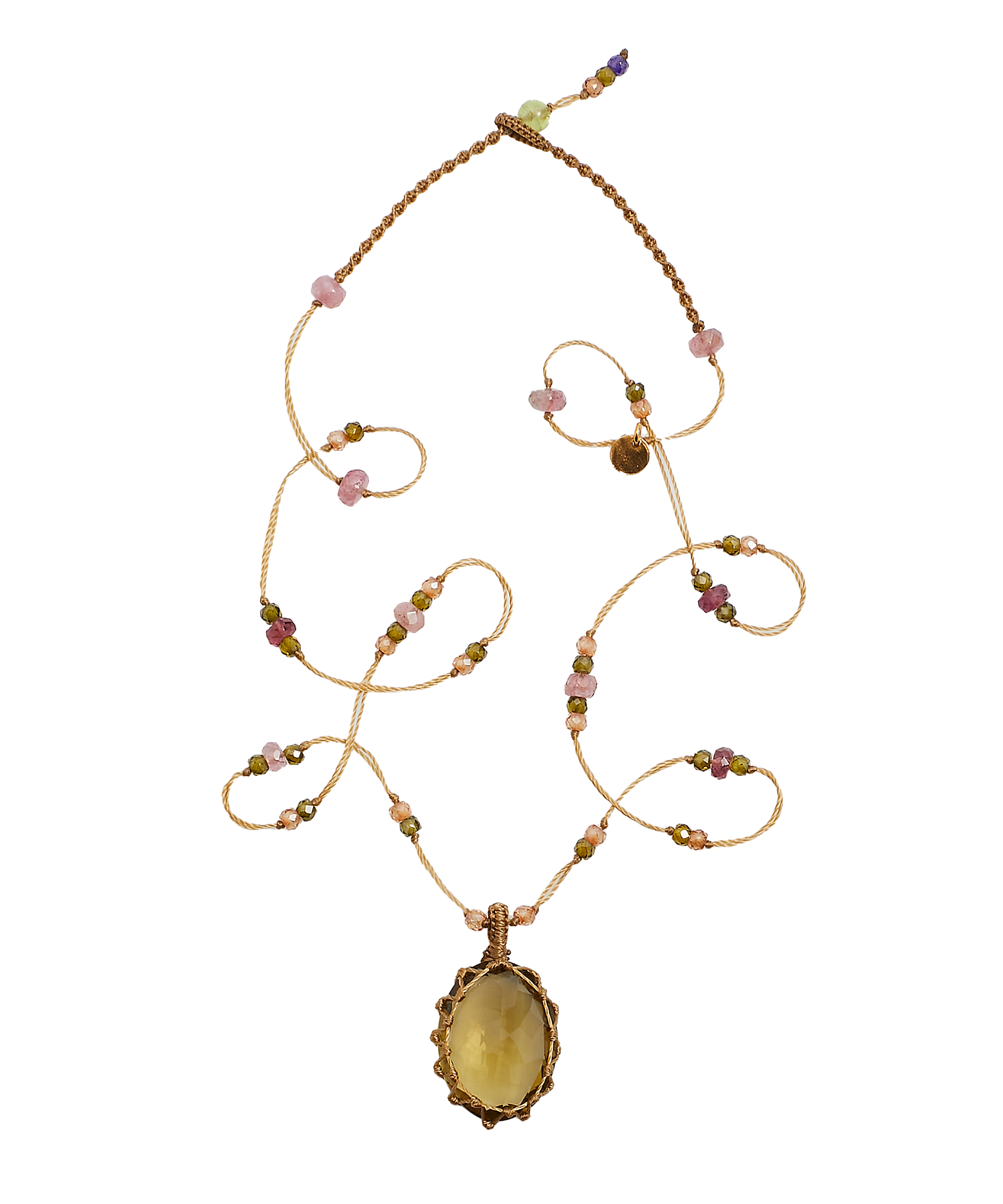 Collana corta tibetana - Quarzo olivastro - Mix di tormaline rosa - Filo beige