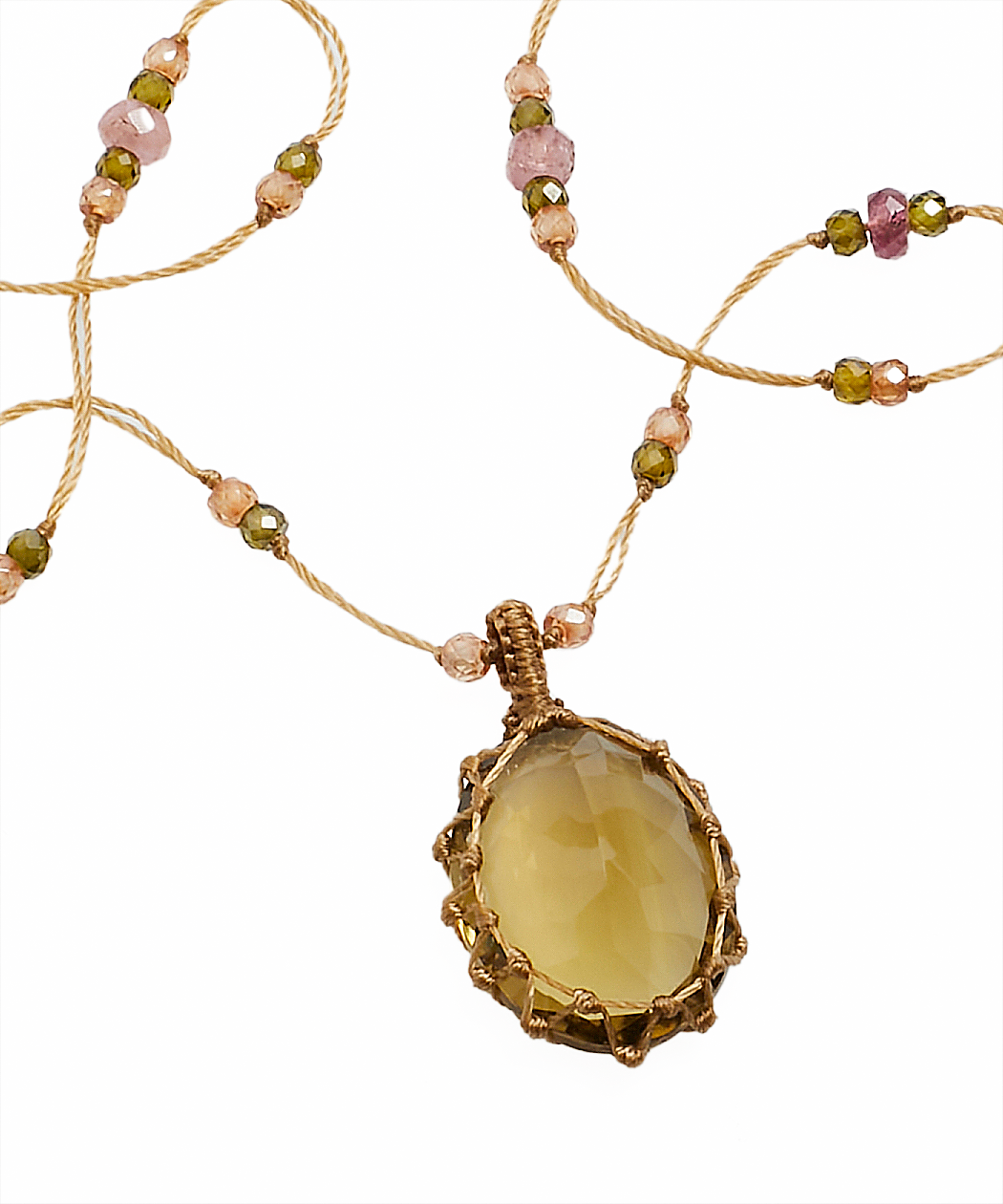 Collier Court Tibétain - Quartz Olive - Mix Tourmaline Rose - Fil Beige