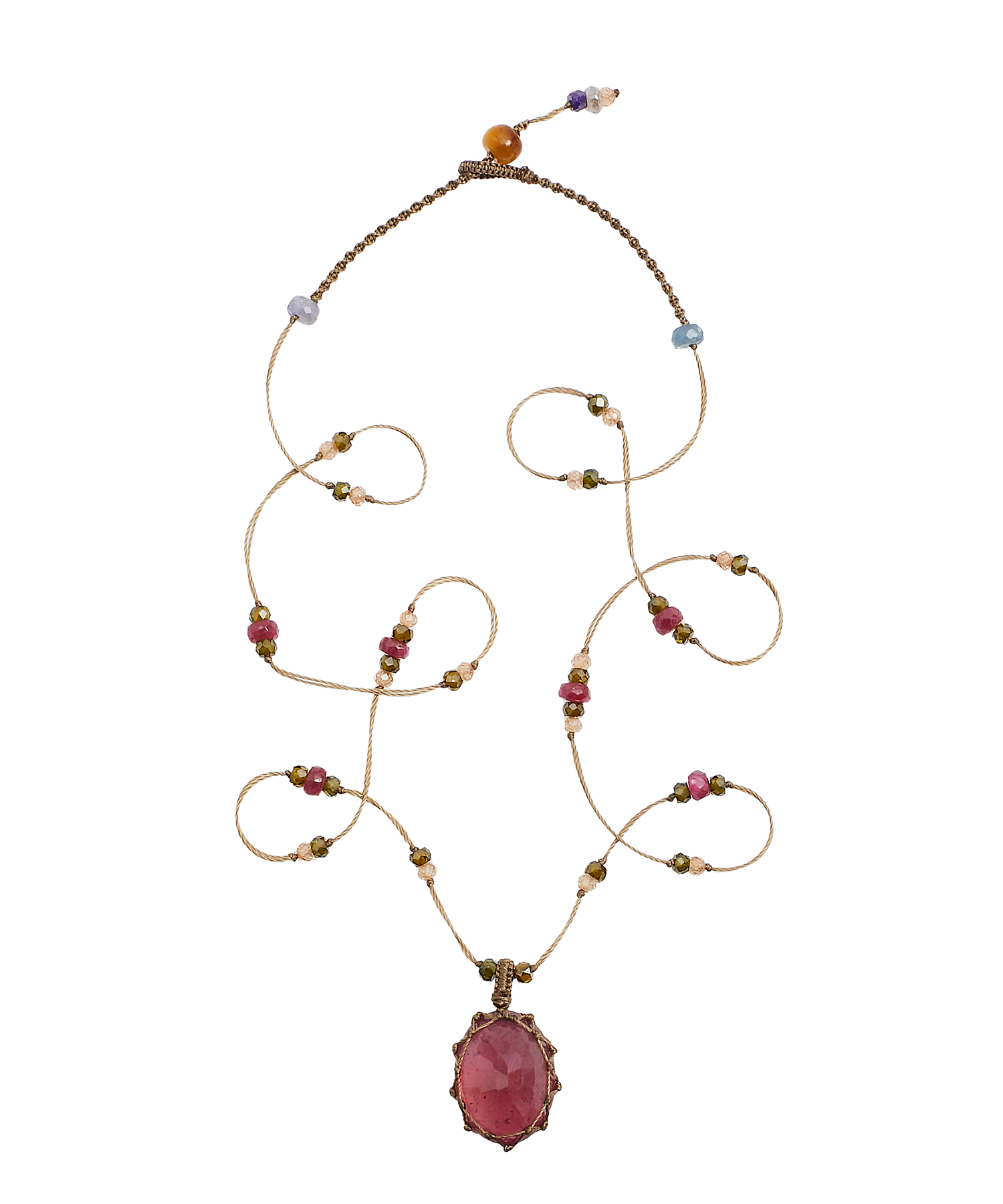 Collier Court Tibétain - Tourmaline - Mix Tourmaline - Fil Beige