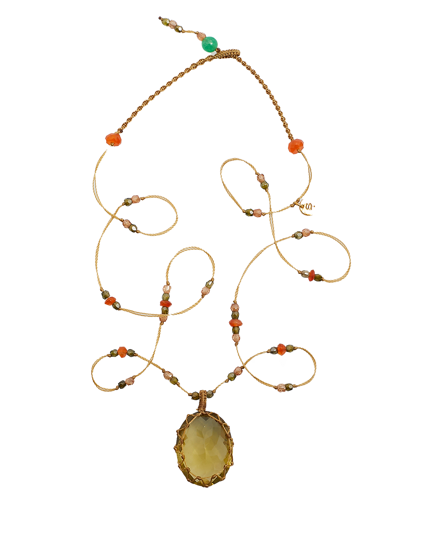 Tibetan Short Necklace - Olive Quartz - Mix Pink Tourmaline - Beige Thread