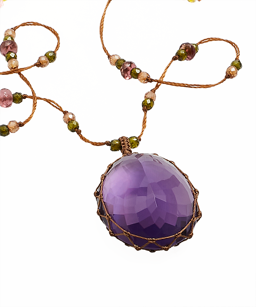 Tibetan Long Necklace - Dark Violet Amethyst - Tsavorite Mix - Tobacco Thread