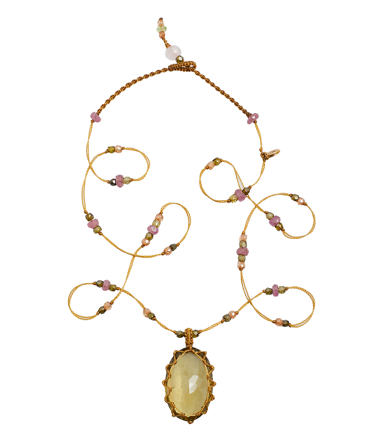 Collier Court Tibétain - Quartz Olive - Mix Tourmaline Rose - Fil Beige