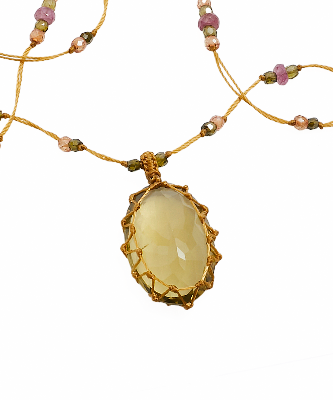 Collana corta tibetana - Quarzo olivastro - Mix di tormaline rosa - Filo beige