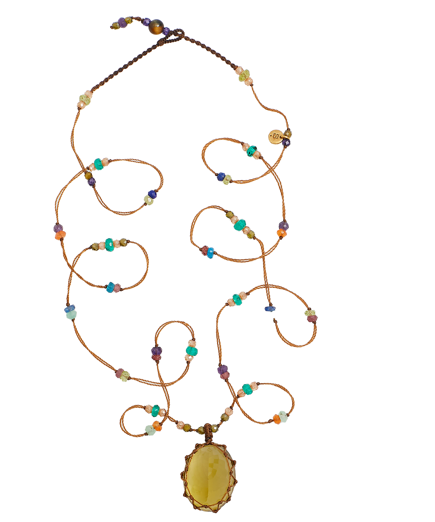 Tibetan Short Necklace - Olive Quartz - Mix Pink Tourmaline - Beige Thread