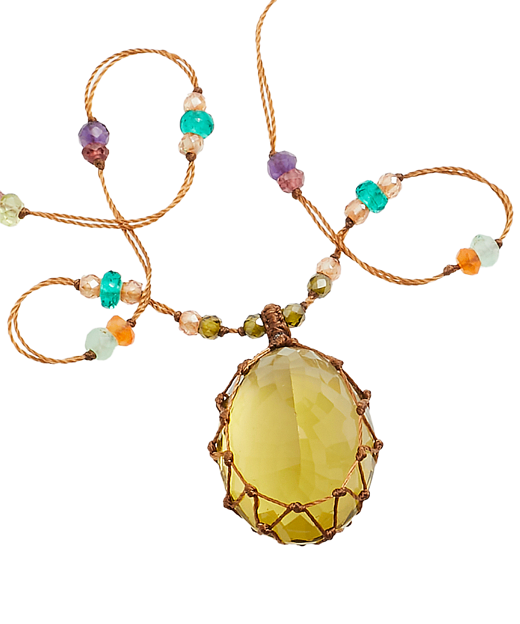 Tibetan Short Necklace - Olive Quartz - Mix Pink Tourmaline - Beige Thread