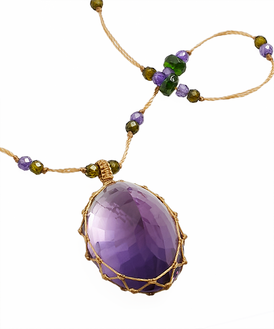 Tibetan Long Necklace - Dark Violet Amethyst - Tsavorite Mix - Tobacco Thread