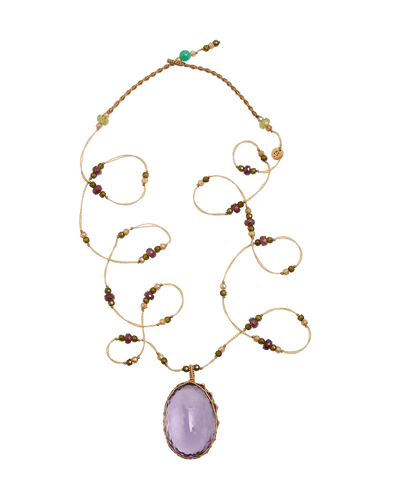 Sautoir Tibétain - Améthyste Violette Claire - Mix Tourmaline - Fil Beige
