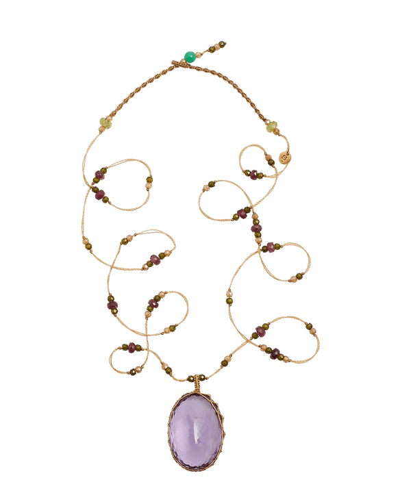 Sautoir Tibétain - Améthyste Violette Claire - Mix Tourmaline - Fil Beige
