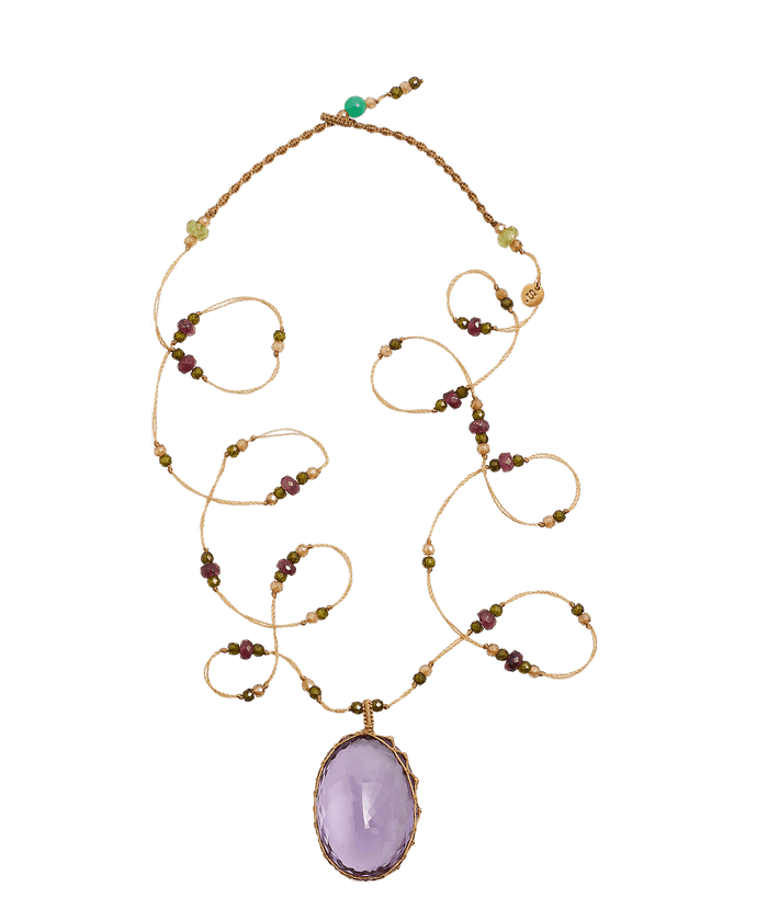 Collana Lunga Tibetana - Ametista Viola Scuro - Mix Tsavorite - Filo di Tabacco