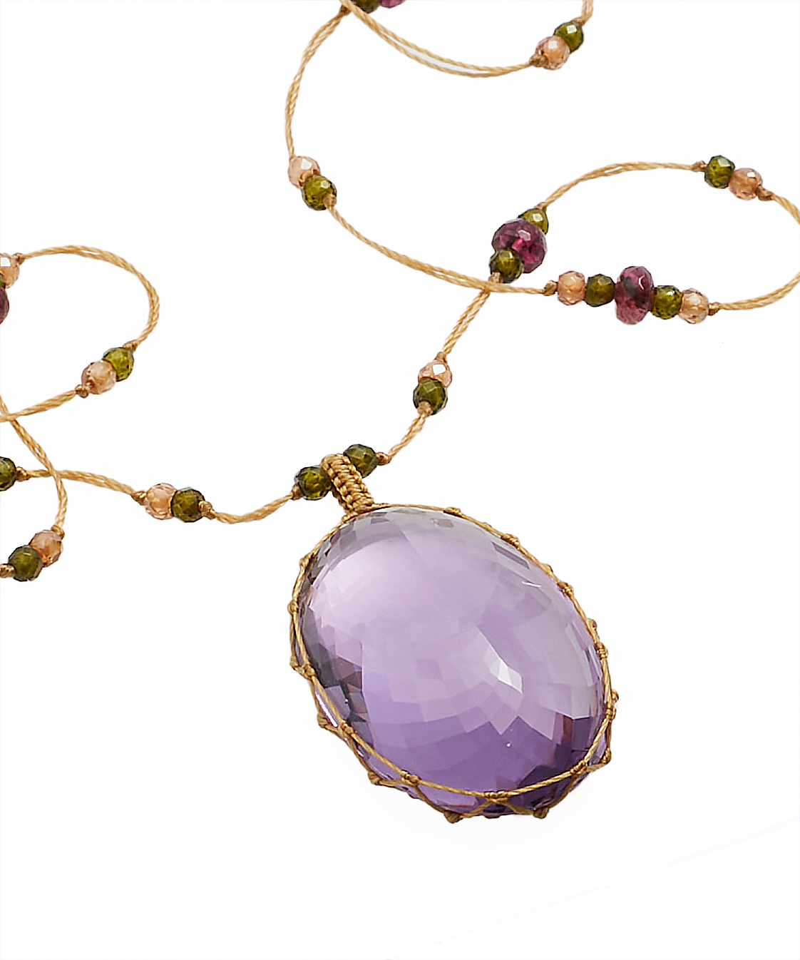 Tibetan Long Necklace - Dark Violet Amethyst - Tsavorite Mix - Tobacco Thread