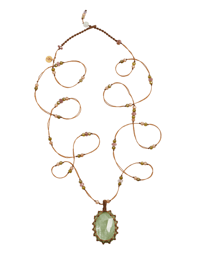 Collana Lunga Tibetano - Kyanite Menta - Mix Tourmalina - Filo Tabacco