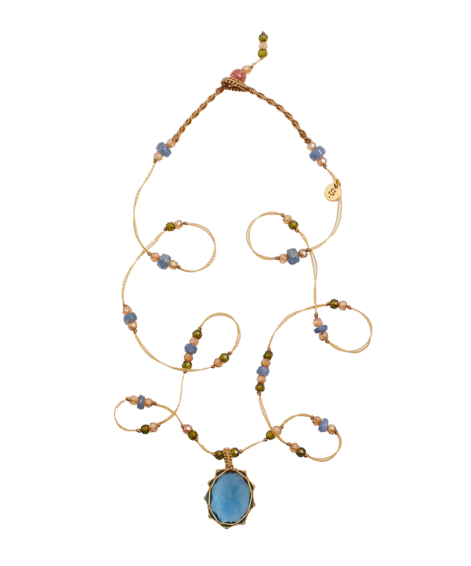 Collier Court Tibétain - Indian Glass Tanzanite - Mix Saphir - Fil Beige