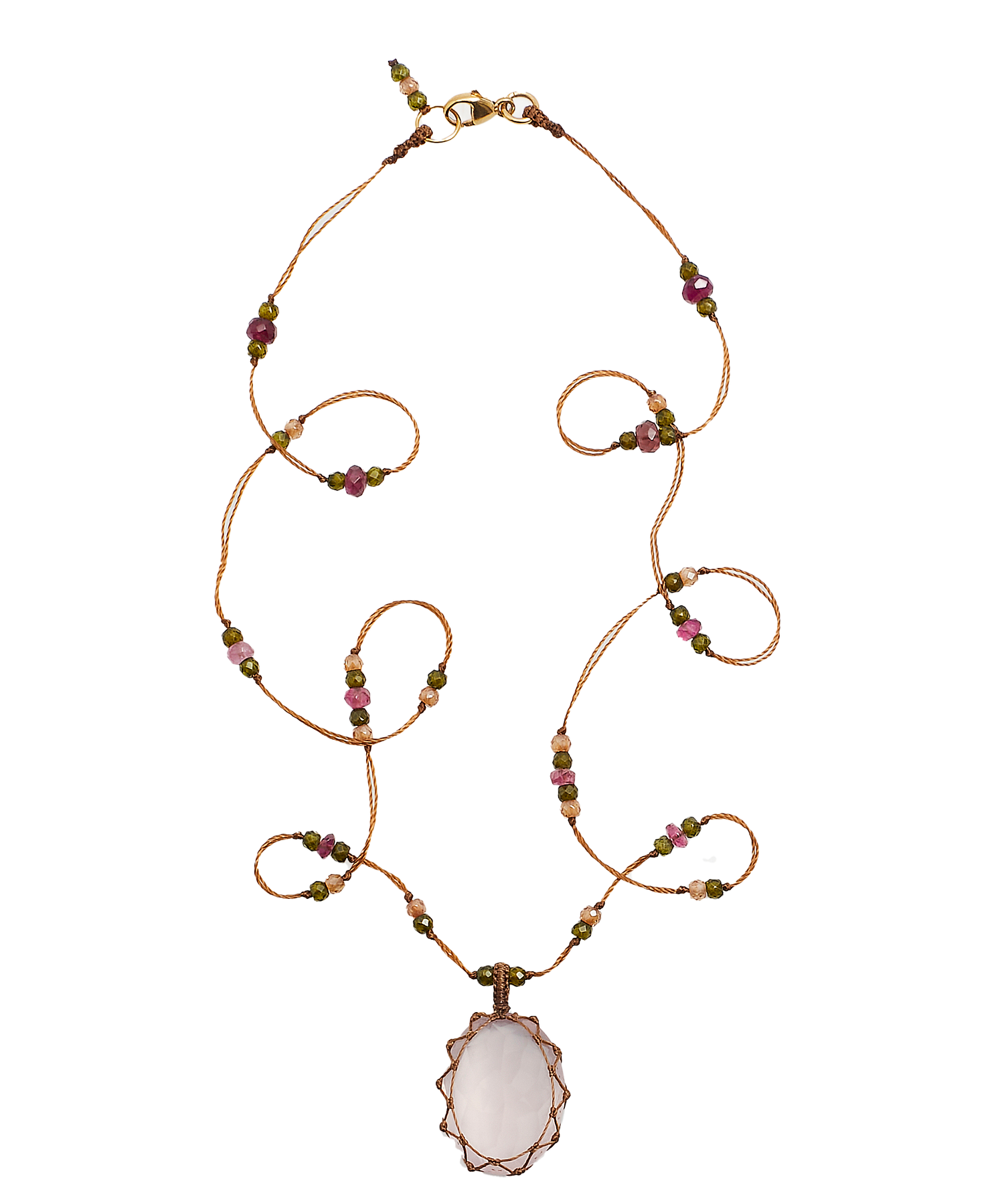 Collier Court Tibétain - Quartz Rose - Mix Tourmaline - Fil Tabac