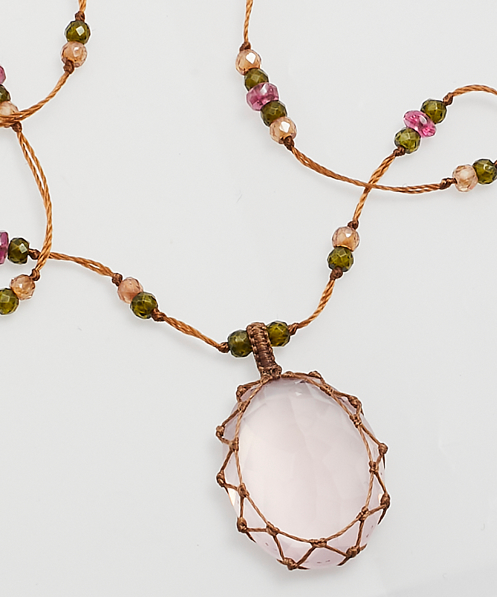 Collier Court Tibétain - Quartz Rose - Mix Tourmaline - Fil Tabac