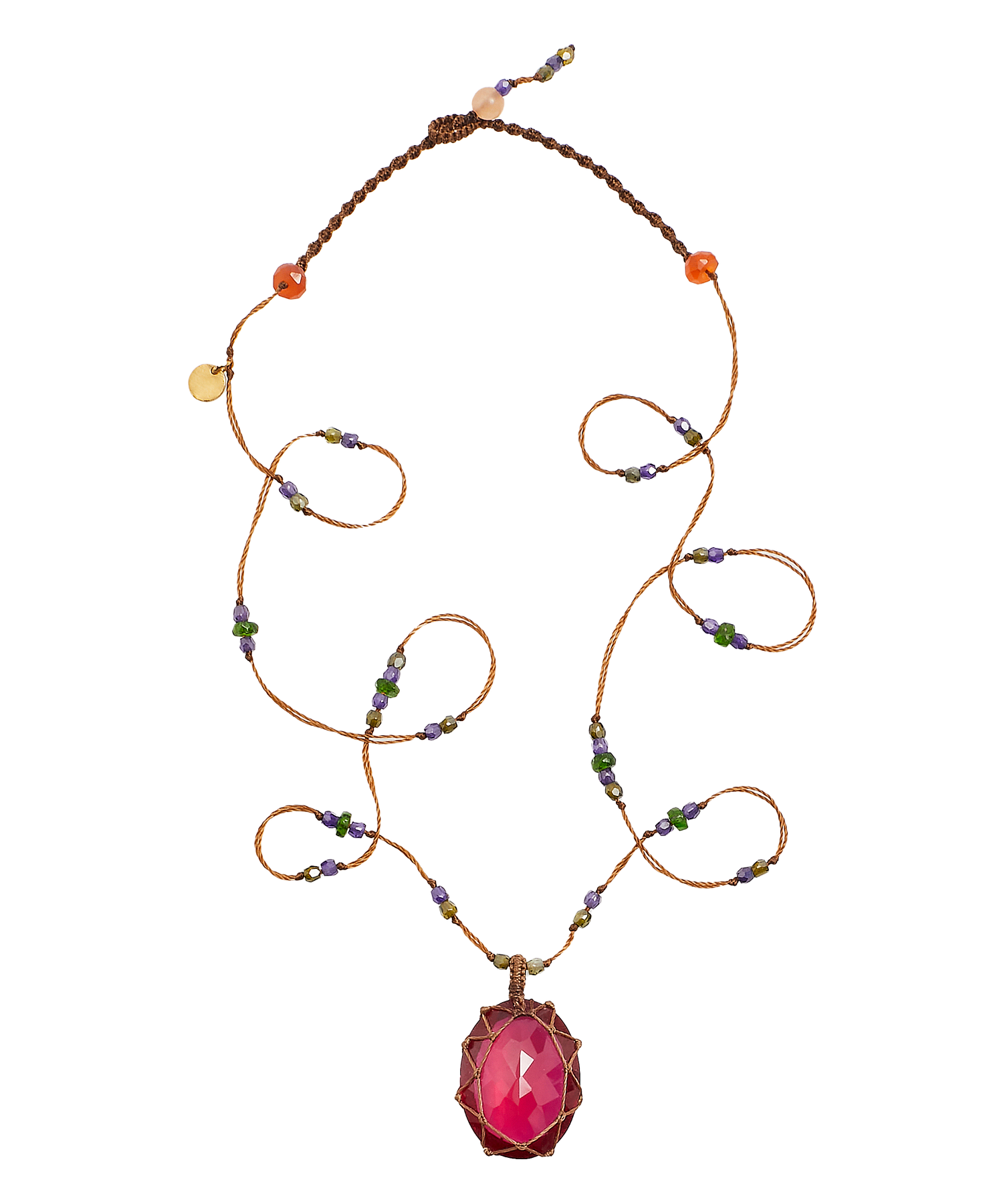 Collier Court Tibétain - Indian Glass Rouge - Mix Tsavorite - Fil Tabac