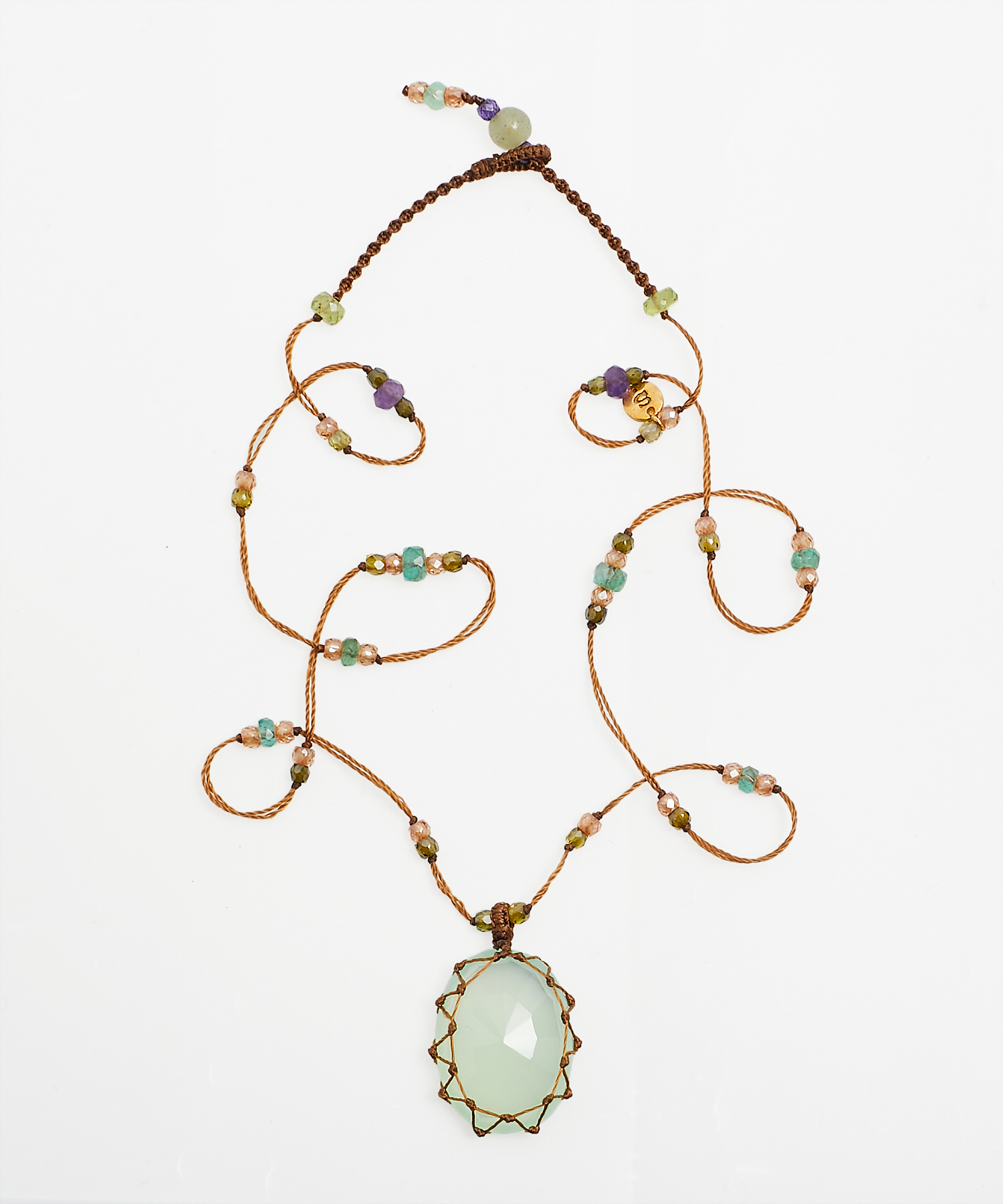 Collier Court Tibétain - Calcédoine Verte - Mix Chrysoprase - Fil Tabac