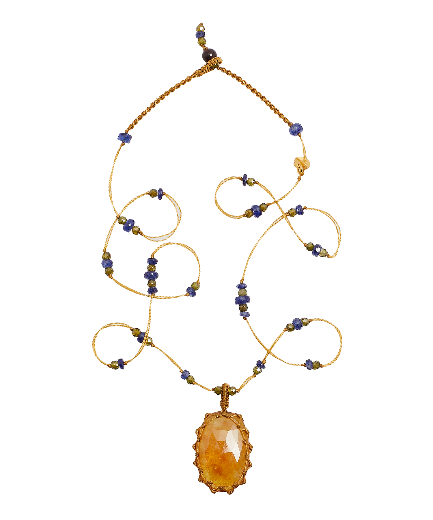 Collier Court Tibétain - Glassfilled Saphir Orange - Mix Saphir - Fil Beige