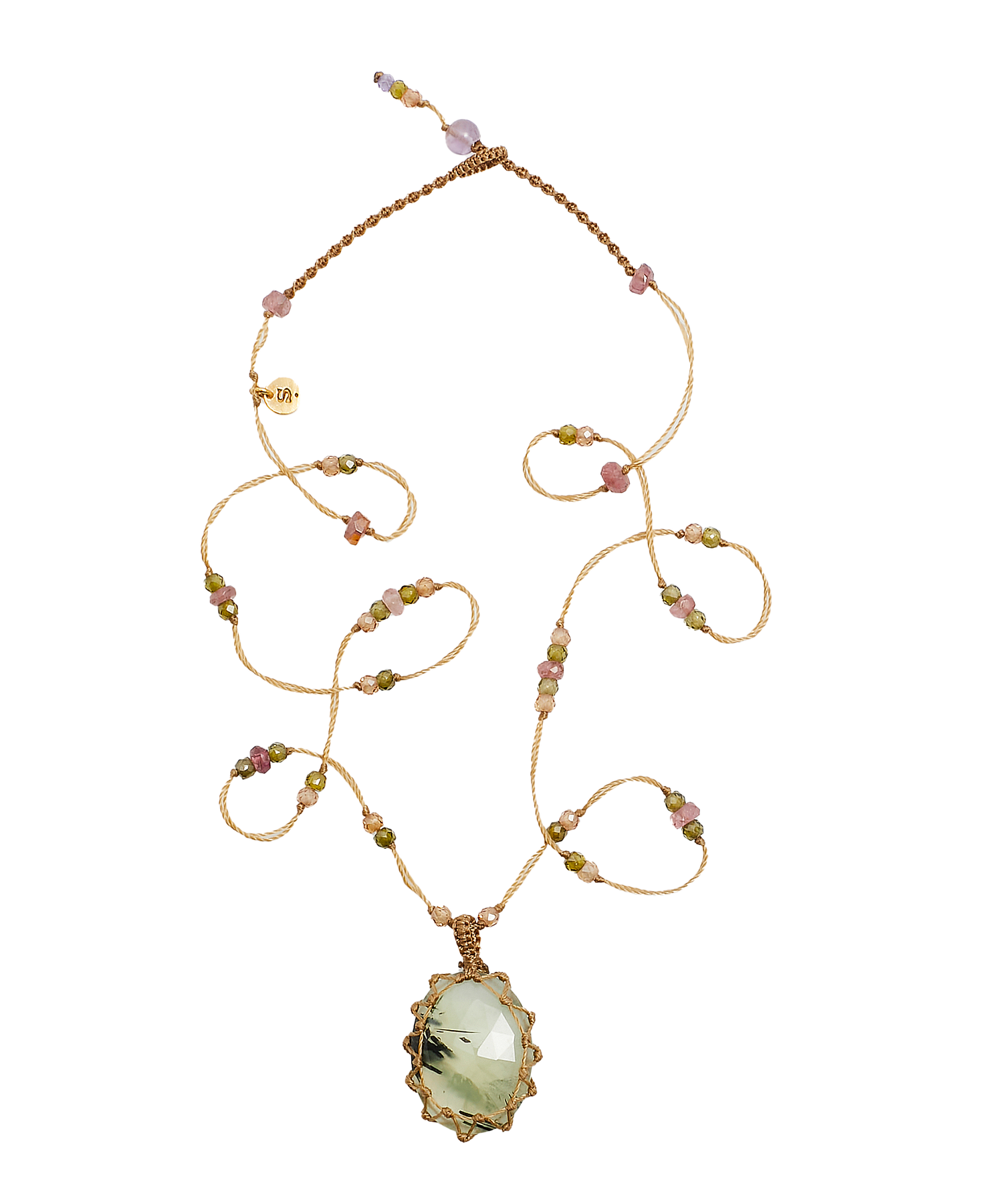 Collier Court Tibétain - Prehnite Rutile  - Mix Tourmaline - Fil Beige