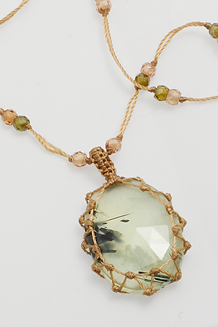 Collier Court Tibétain - Prehnite Rutile  - Mix Tourmaline - Fil Beige